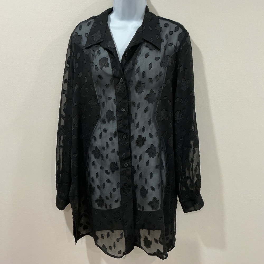 Vintage Jaclyn Smith Womens Black Sheer Burnout Floral Button Top Size L USA